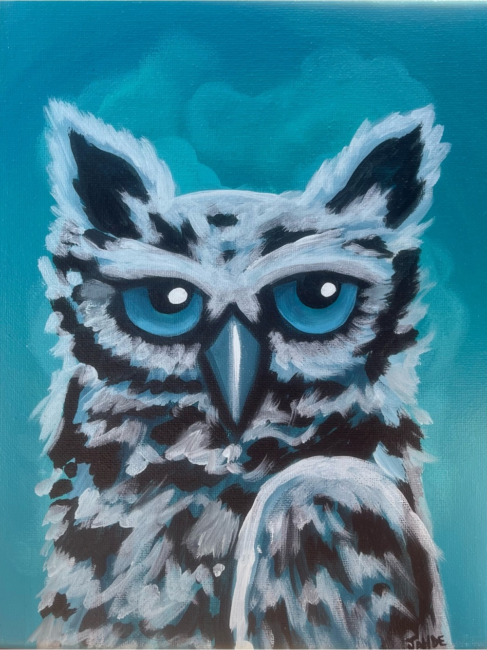 Blue Owl Canvas Art Original Painting by Jahde Art. 8”x10”. Acrylic on Canvas.